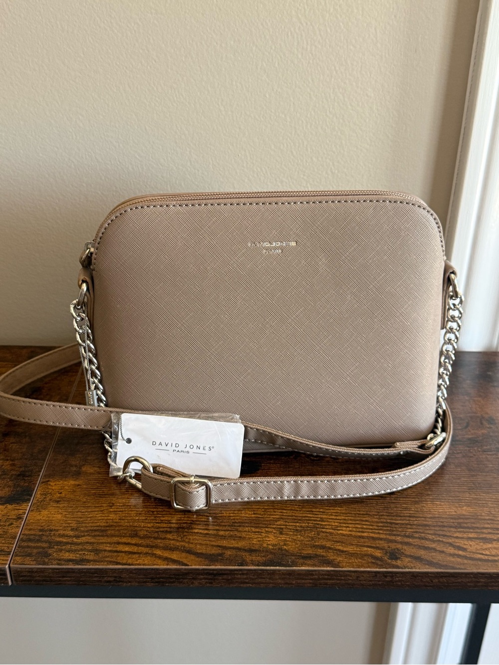 David Jones Paris Faux Saffiano Leather Dome Crossbody Bag Cream